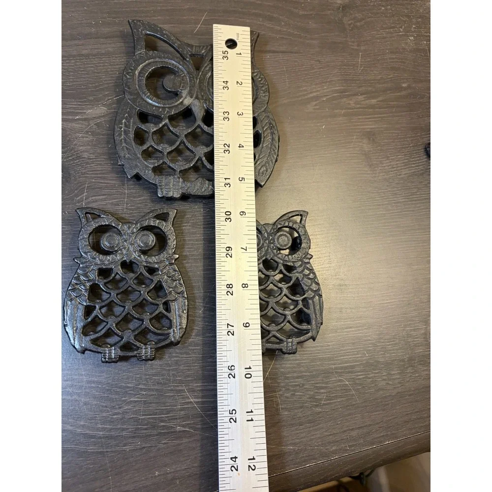 Vintage Set Of 3 Cast Iron Owl Trivets Hot Plates Taiwan Black 5
